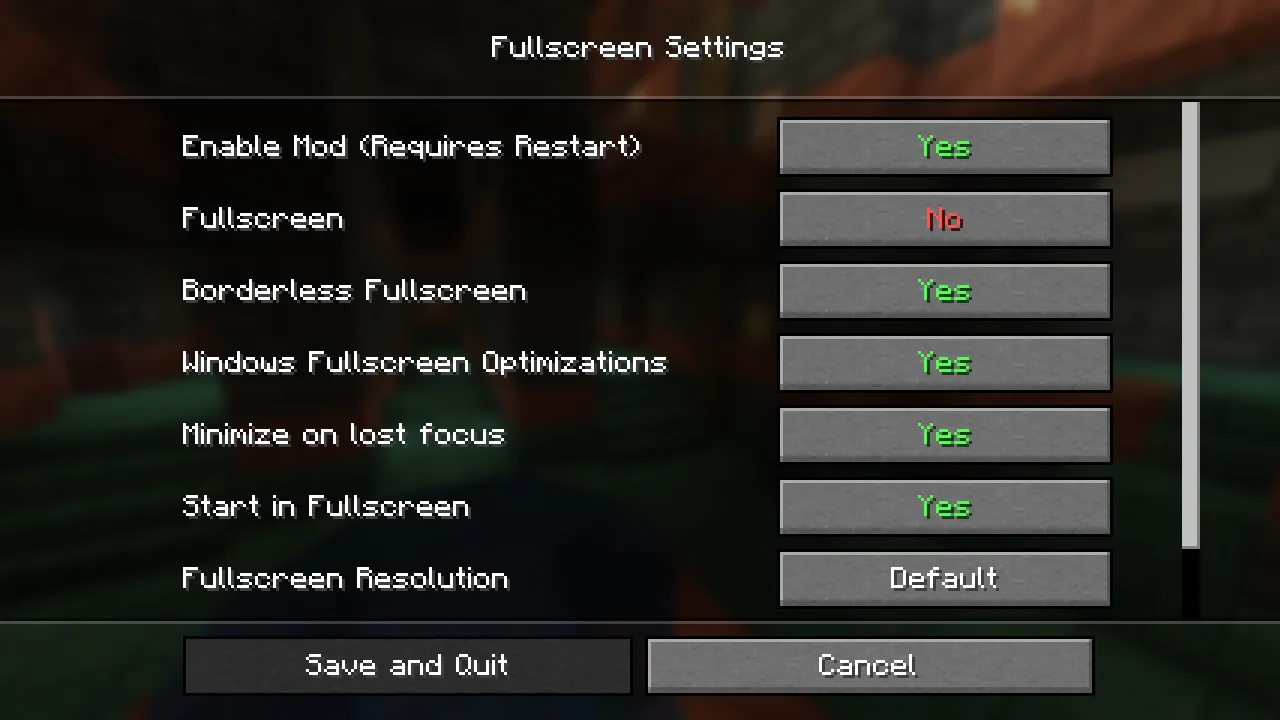 Экран настроек мода Borderless Fullscreen версии 2.2.0.