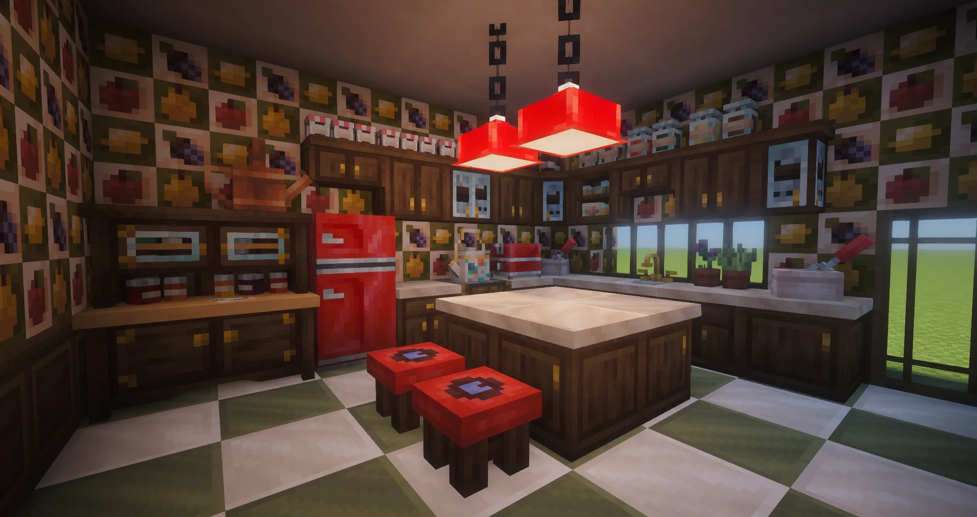 Ретро-кухня в стиле Minecraft, заставленная мелкими предметами декора.