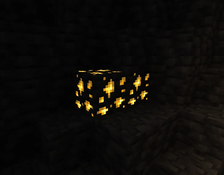 Светящаяся золотая руда из мода Glow Ores Vanilla в Minecraft.