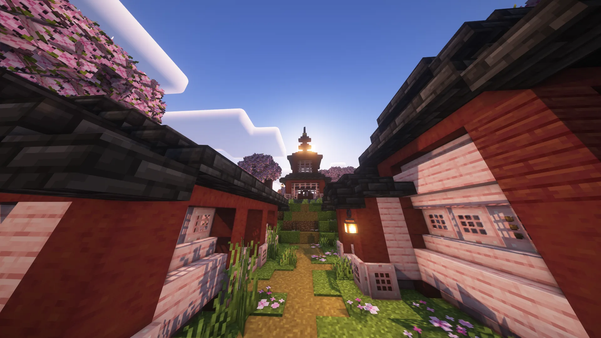 Деревня из вишневого дерева в Minecraft.