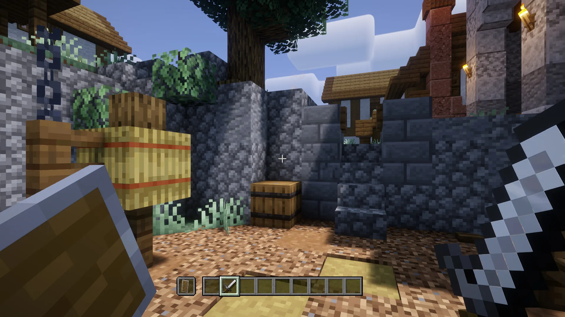 Игрок держит щит сбоку.