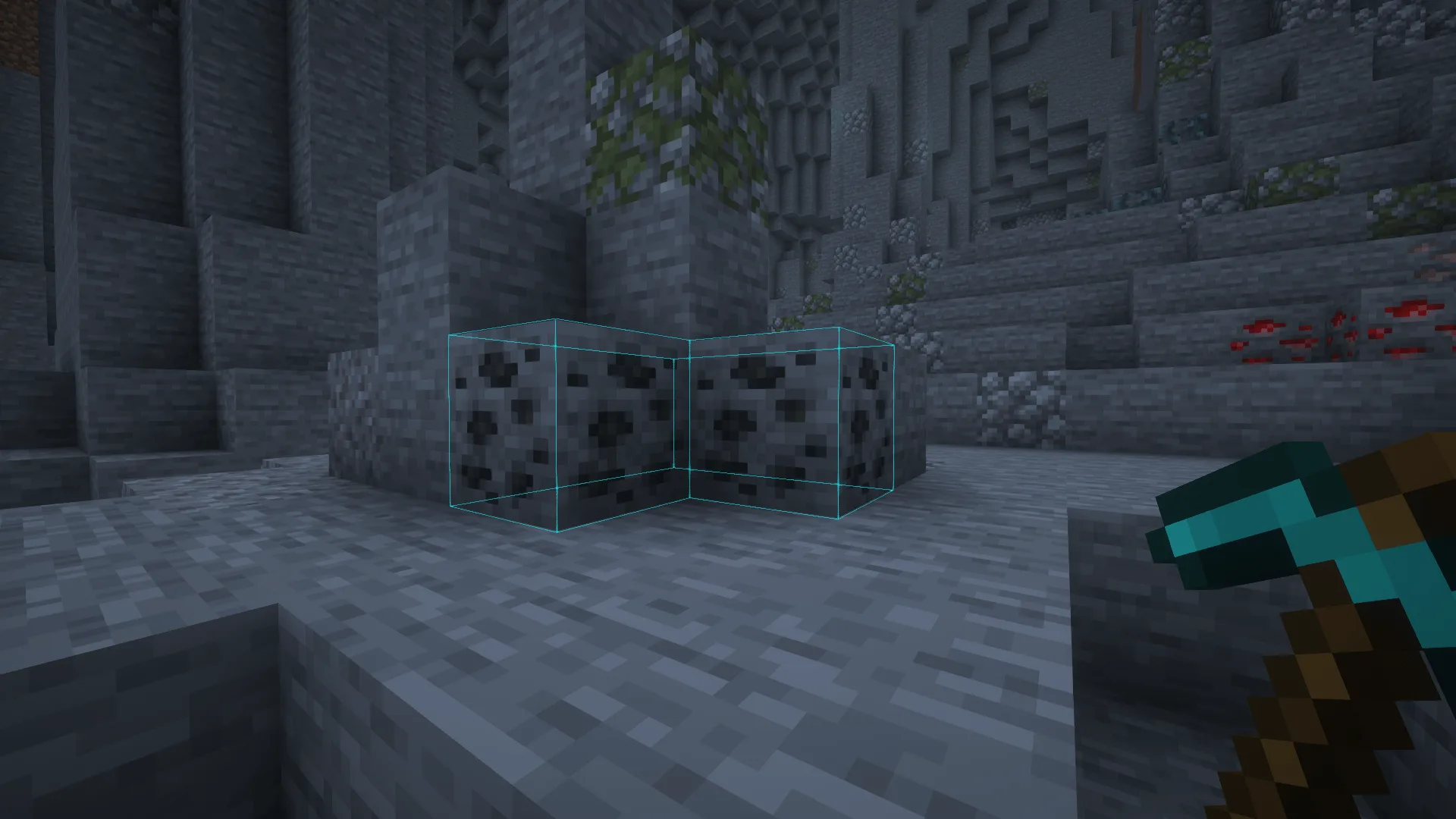 Контуры мода Liteminer вокруг угольной руды в Minecraft.