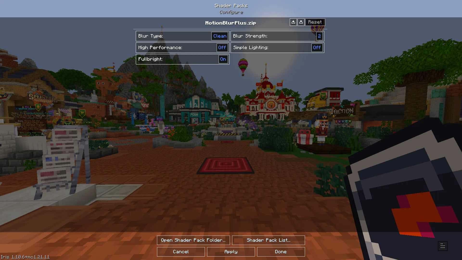 Меню настроек шейдер-пака Motion Blur For PvP