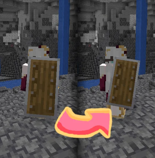 Сравнение размера щита в Minecraft до и после установки ресурс-пака Tiny Shields.
