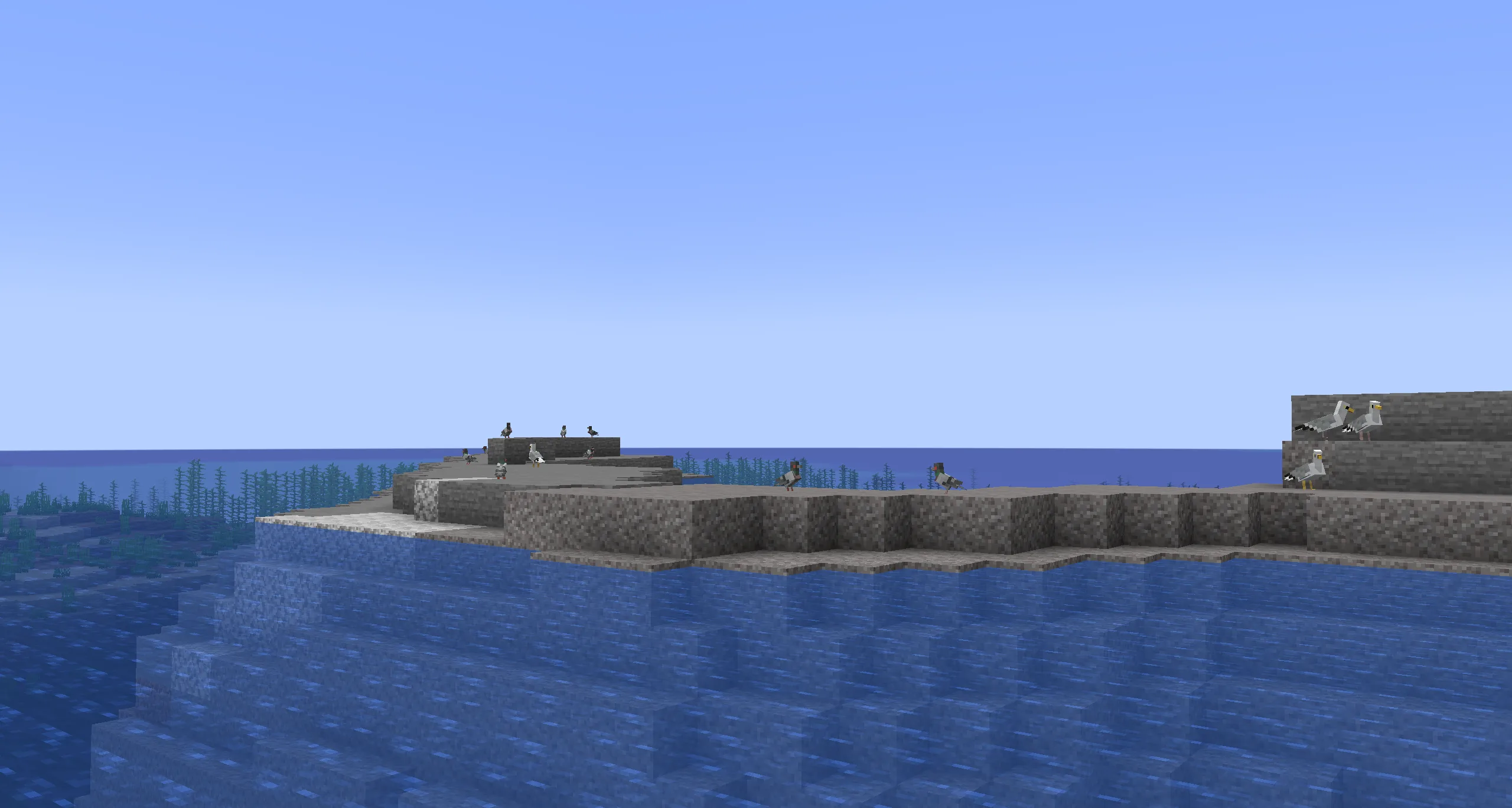 Стая голубей и чаек на морском побережье в Minecraft.