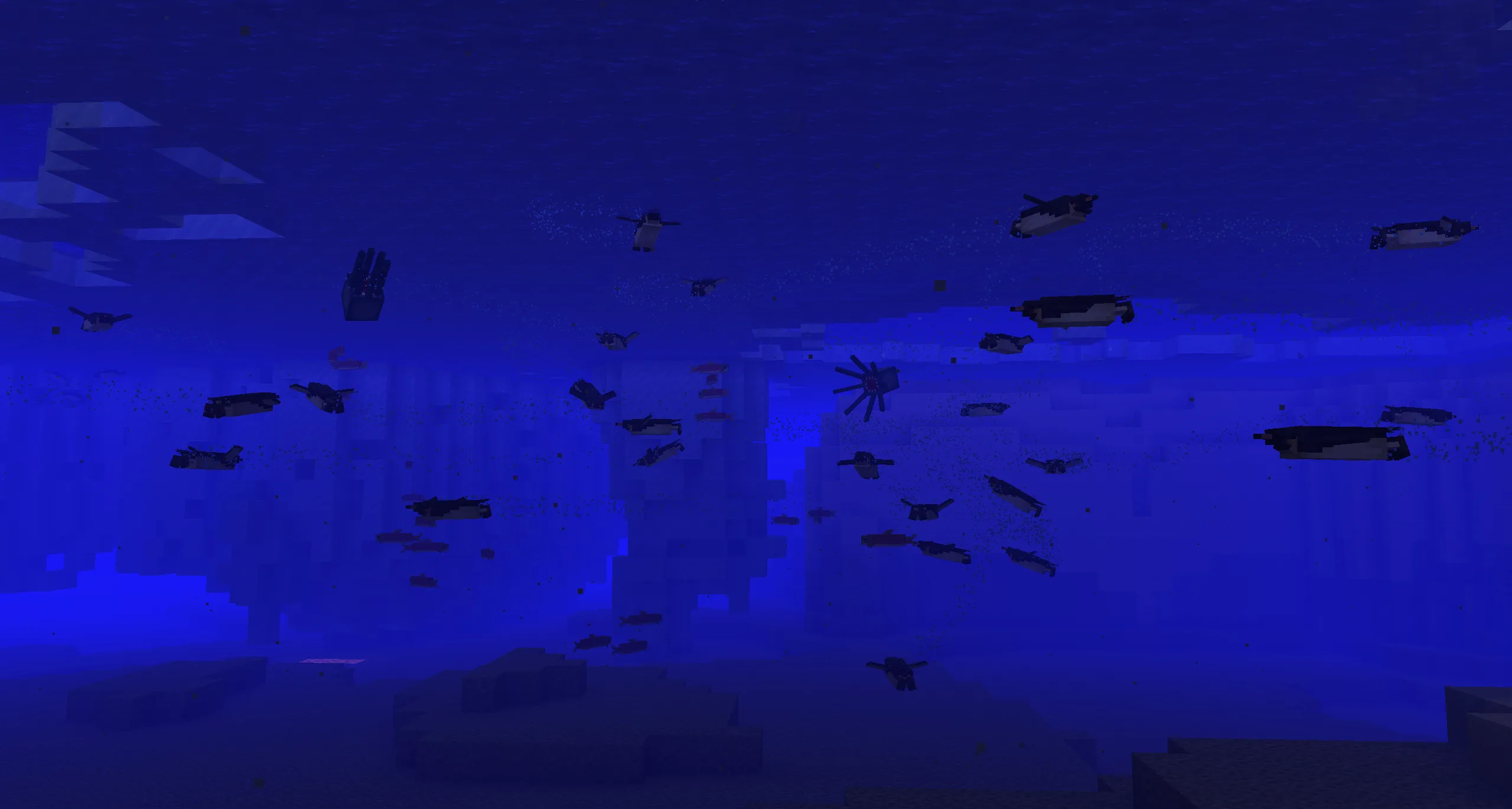 Пингвины охотятся на рыбу в Minecraft.