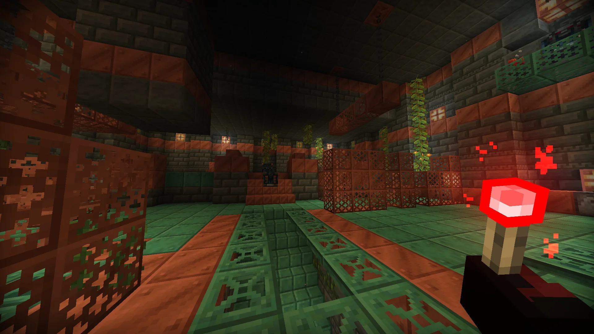 Персонаж держит факел из красного камня из мода R&V Torches в интерфейсе HMI.