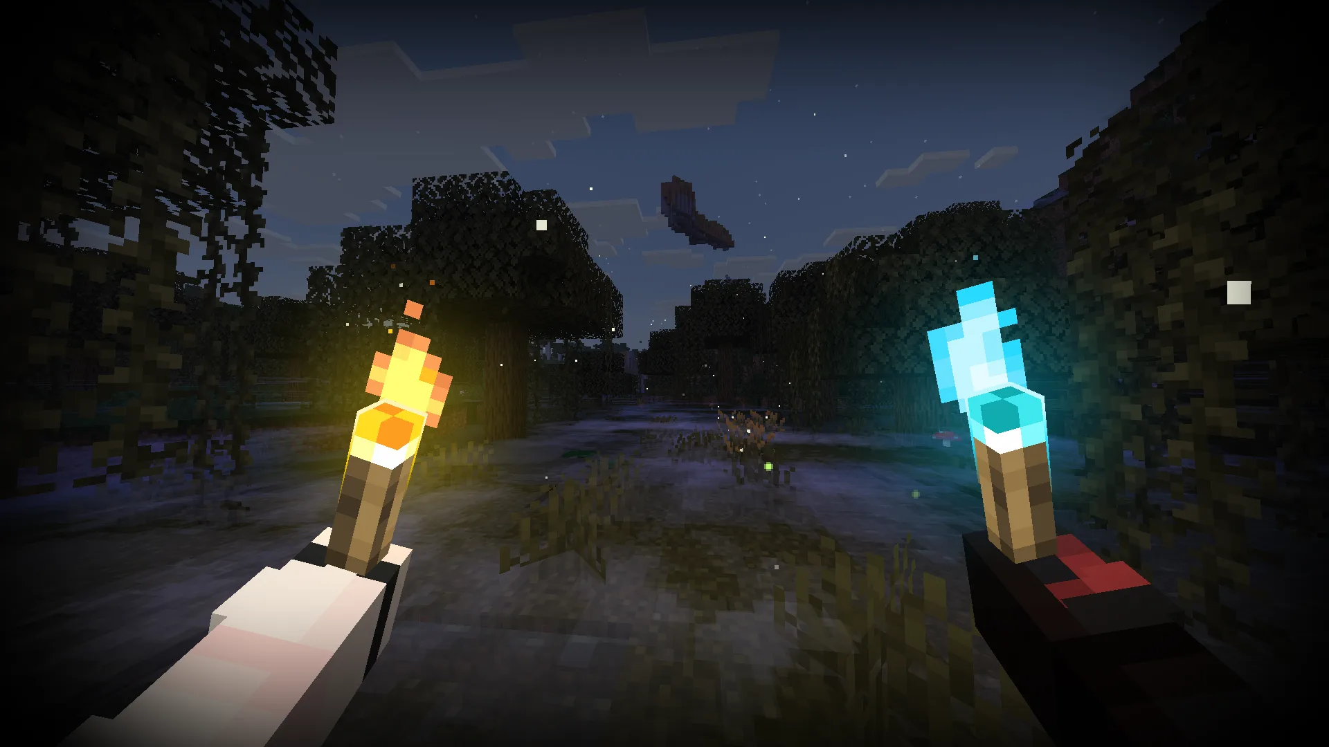 Персонаж с факелом в руке из мода R&V Torches.