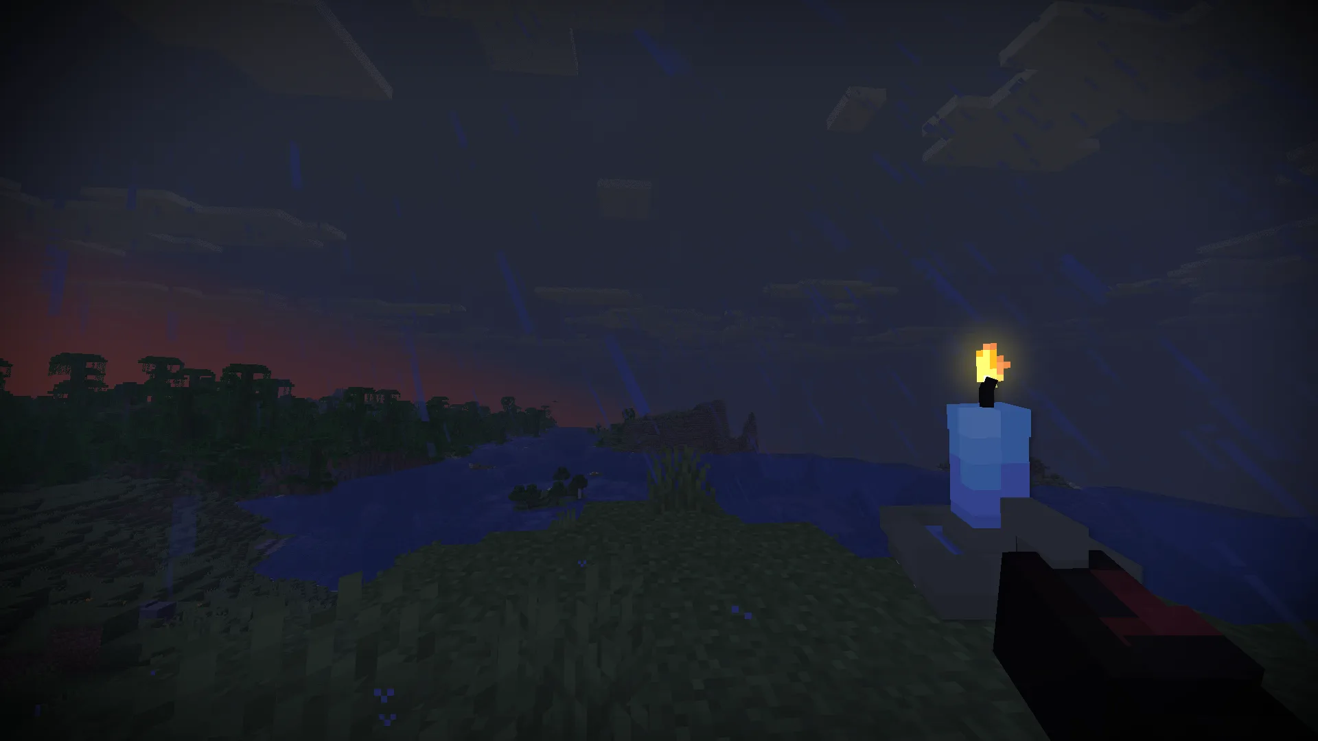 Персонаж держит свечу из мода R&V Torches с открытым интерфейсом HMI.