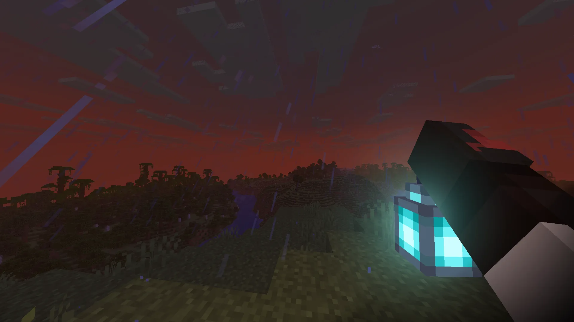 Персонаж держит фонарь душ в Minecraft с установленным модом R&V Torches.