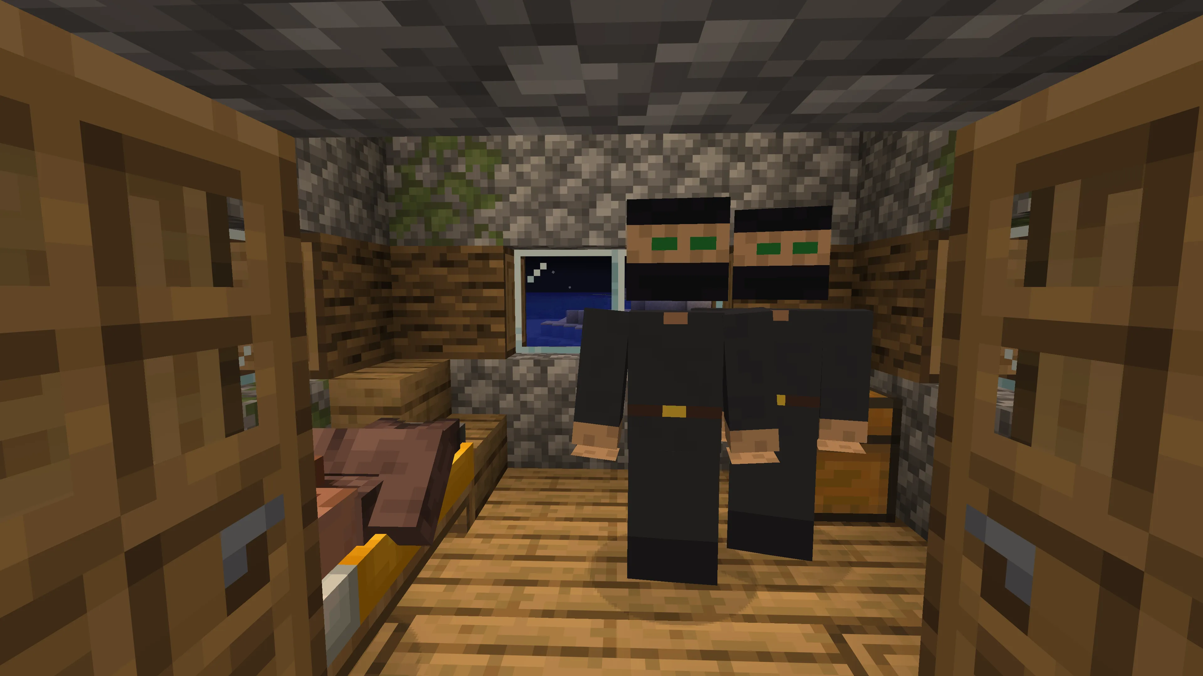 Два вора обворовывают спящего жителя в Minecraft