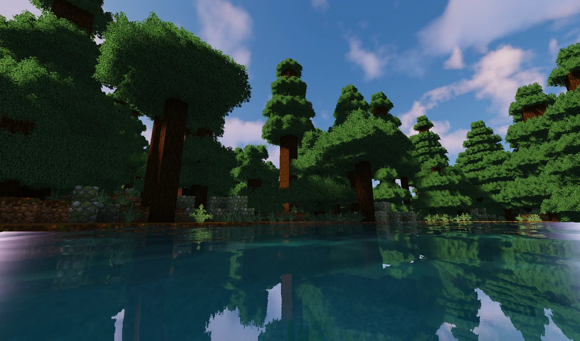 Пышная листва деревьев в биоме тайги в Minecraft.