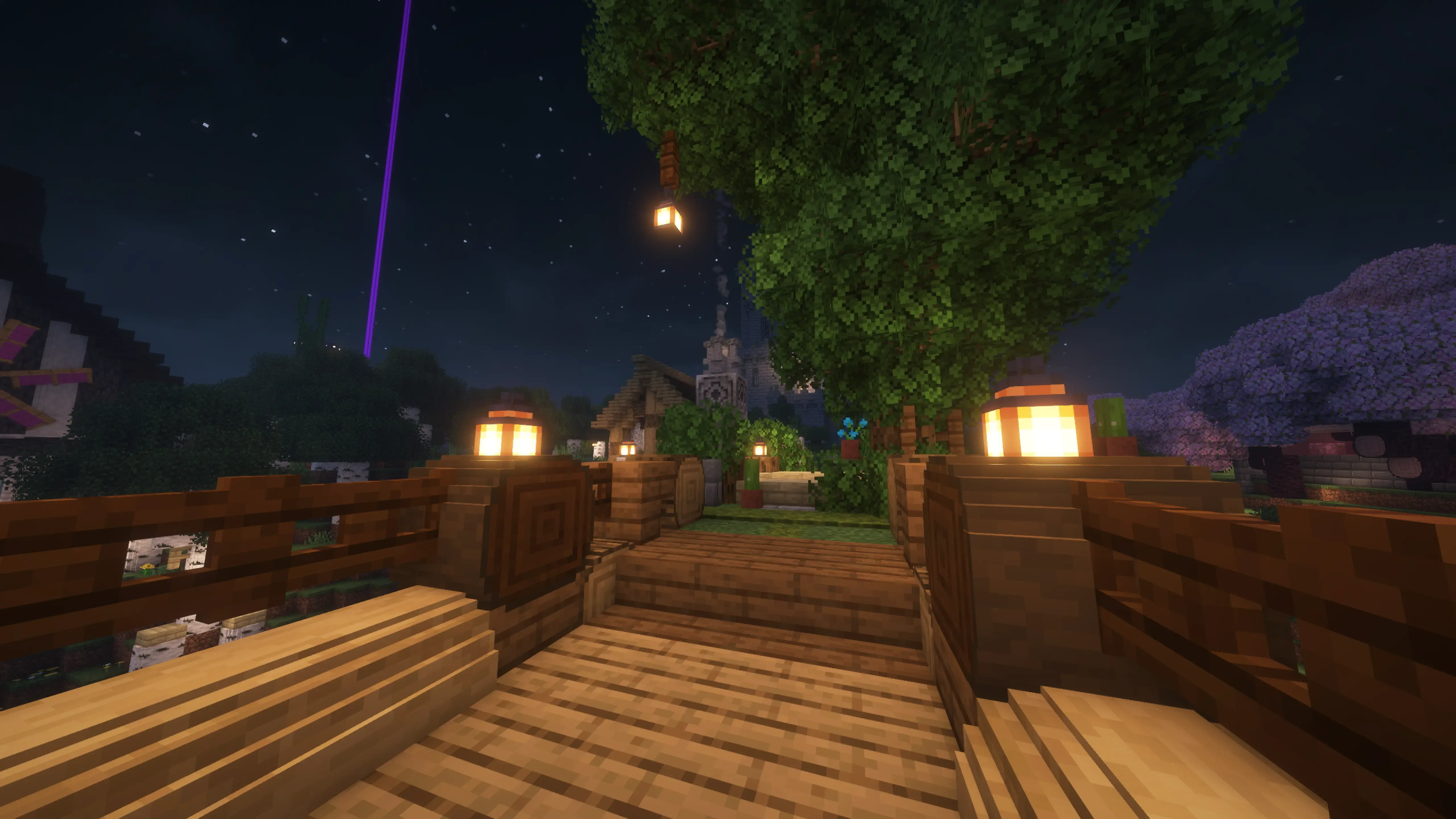 Круглые деревья в Minecraft, гармонично вписывающиеся в постройку.