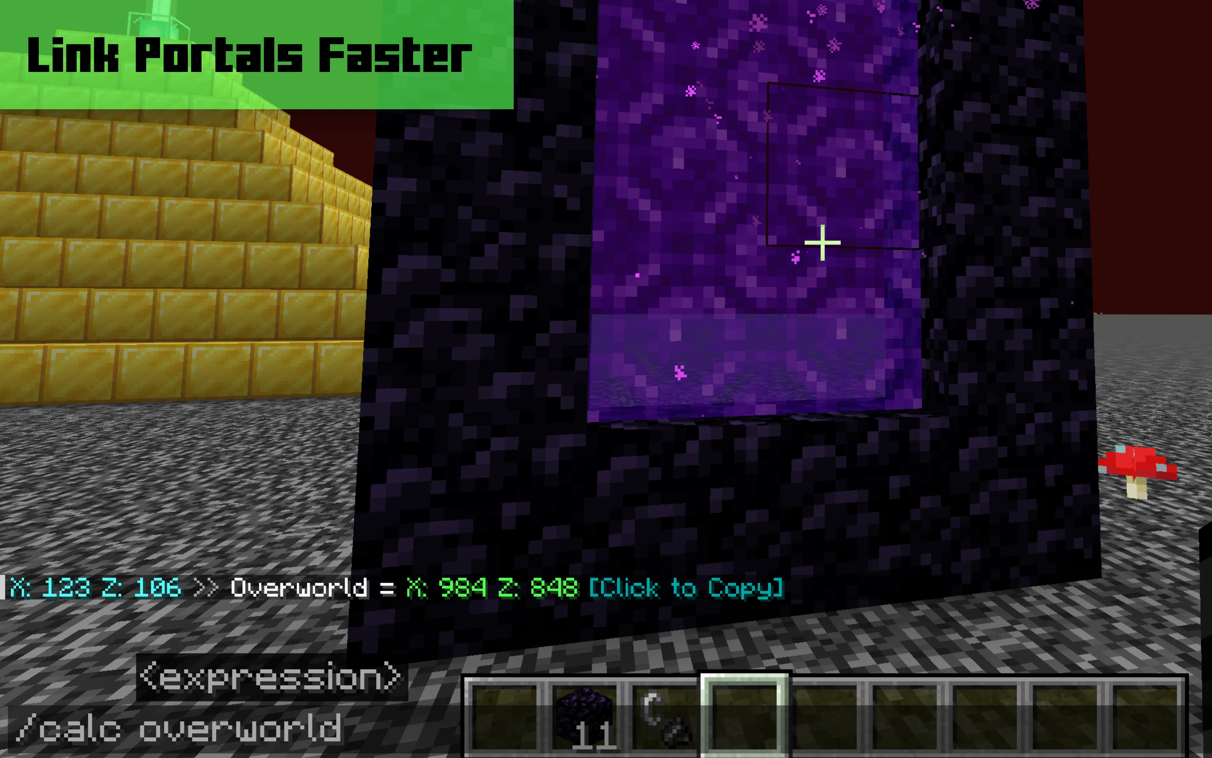 Скриншот интерфейса мода CalcMod для расчета и синхронизации координат порталов между мирами.