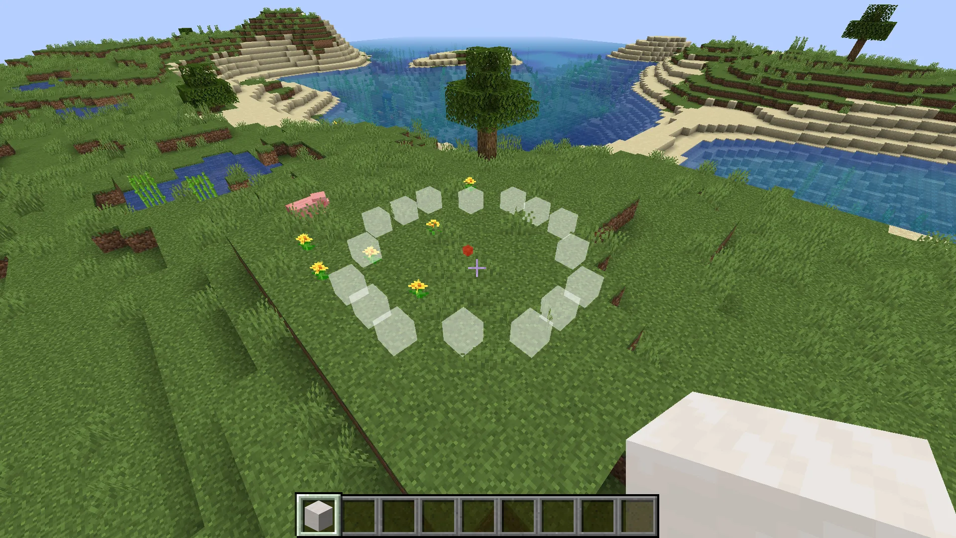 Круг из блоков в Minecraft, построенный вокруг одной из трех осей.