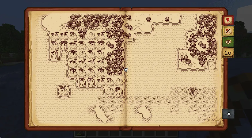 Игровой интерфейс мода Antique Atlas 4 с отображением обнаруженных структур на карте.