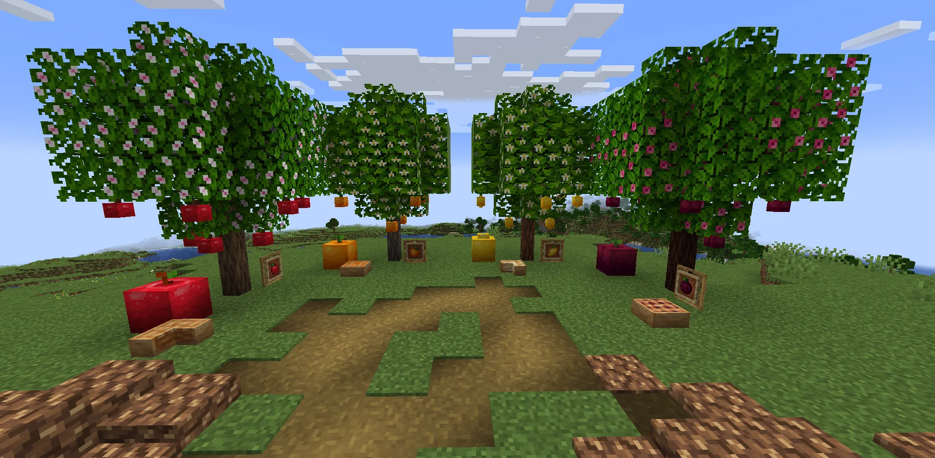 Деревья с яблоками, апельсинами, лимонами и сливами в Minecraft.