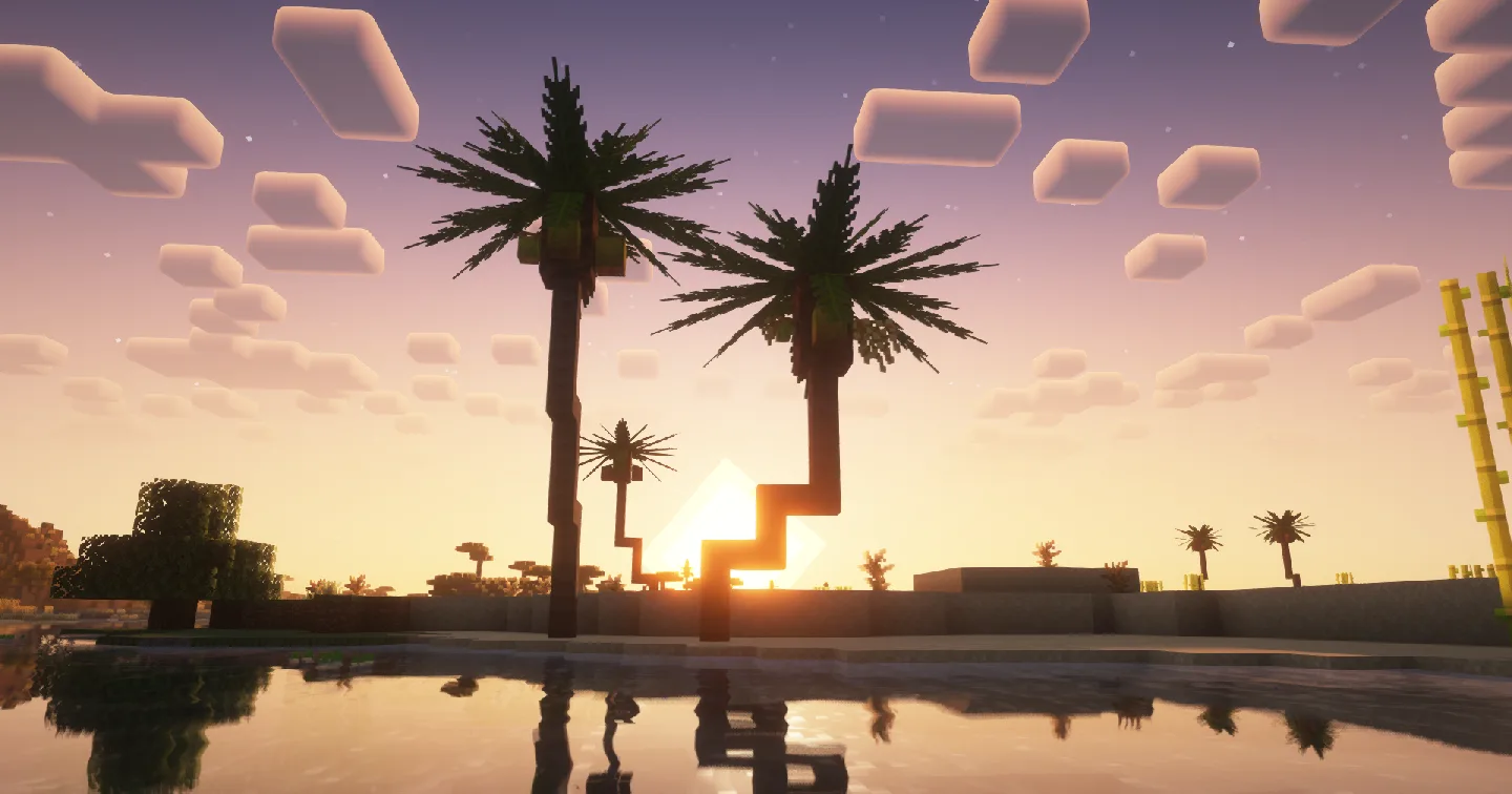Пальмы на фоне заката в Minecraft с шейдерами Complementary Reimagined.