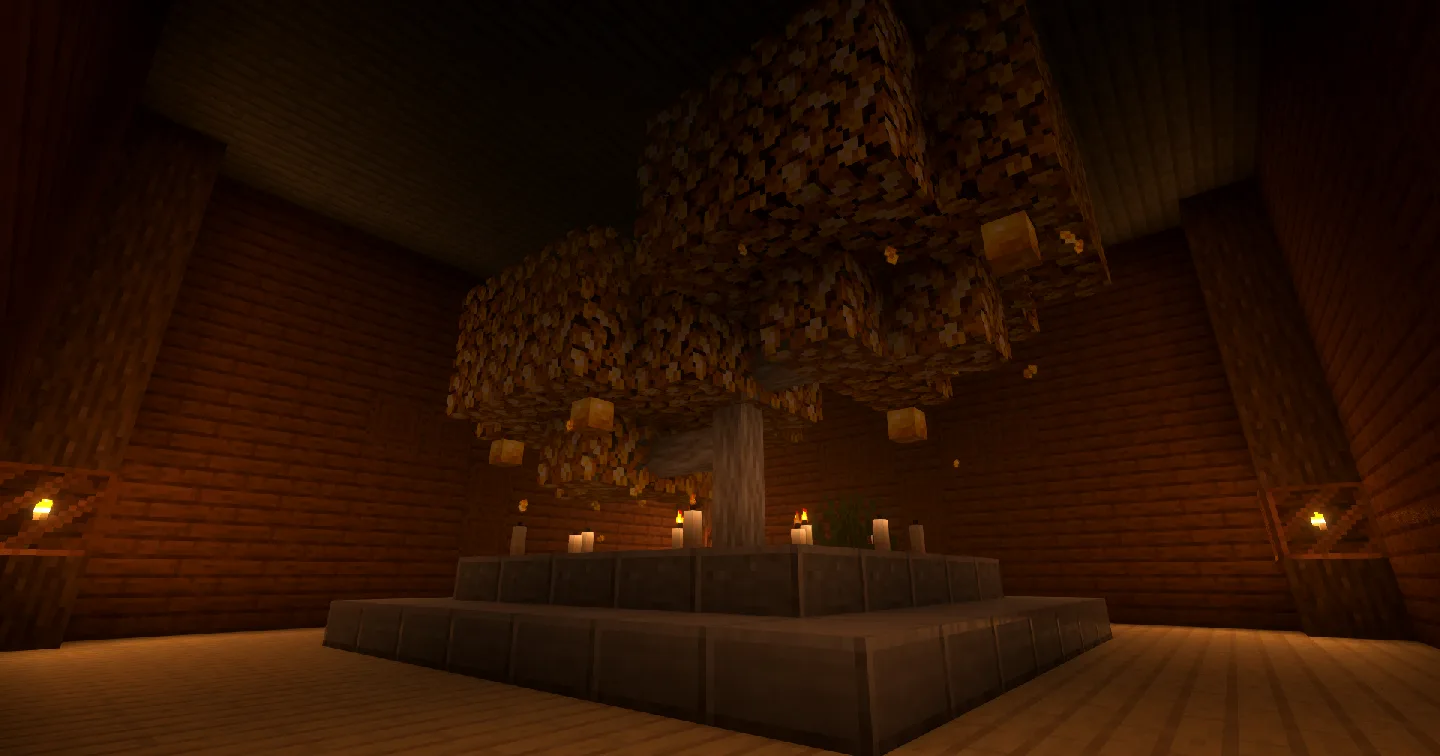 Золотое яблоневое дерево внутри лесного особняка, шейдеры Complementary Reimagined.