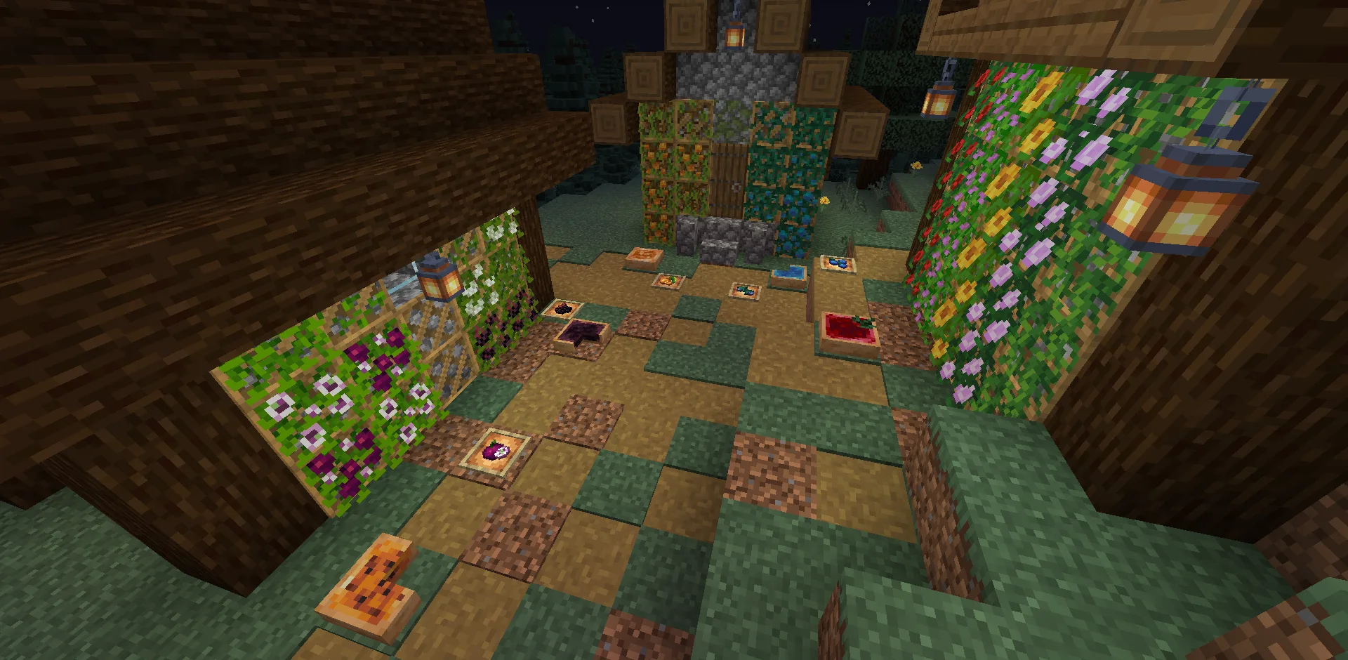 Решетки с вьющимися культурами: маракуйей, бузиной, светящимися ягодами и лазуритовыми ягодами.