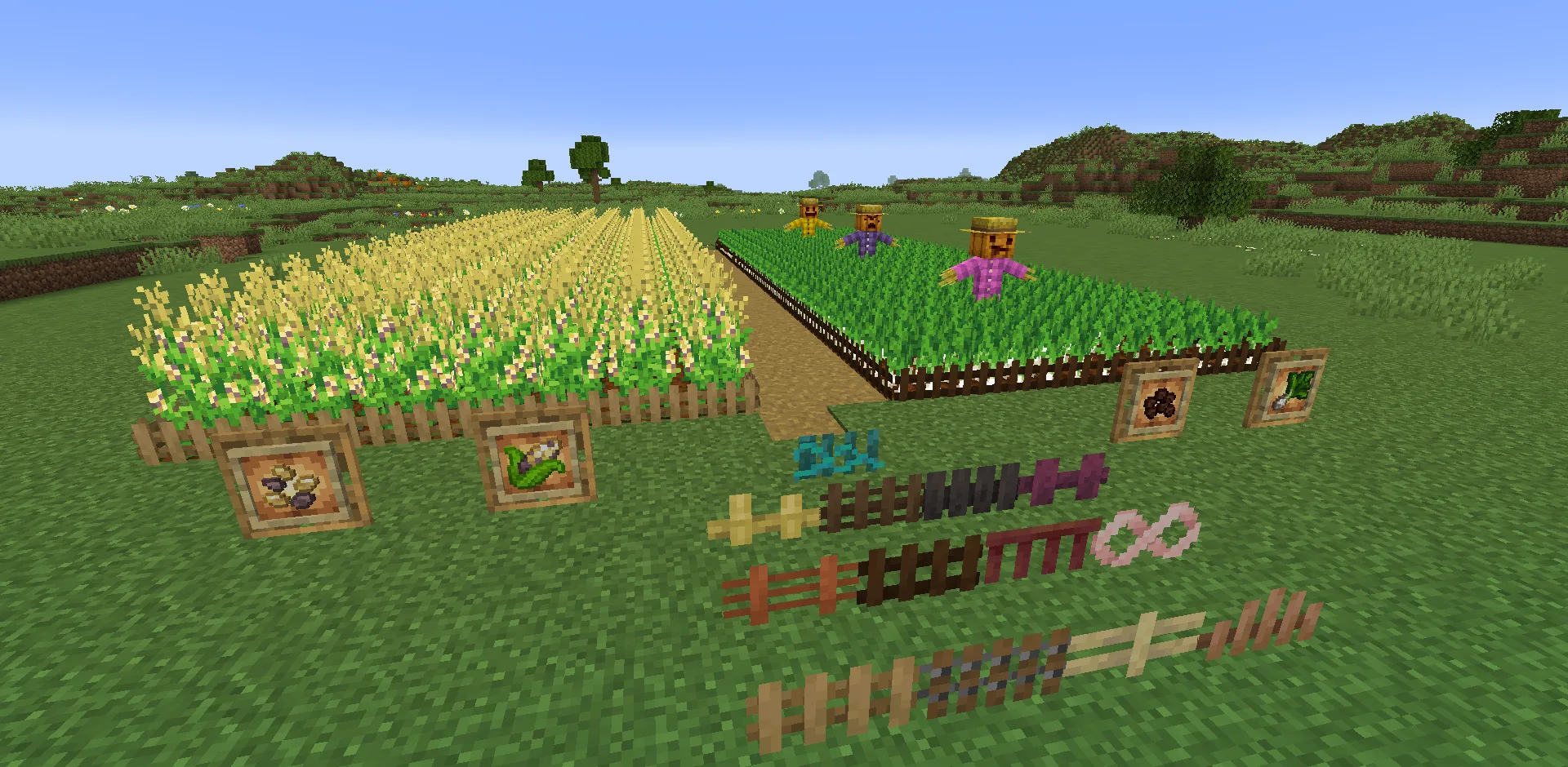 Грядки кукурузы и лука-порея за деревянным частоколом.