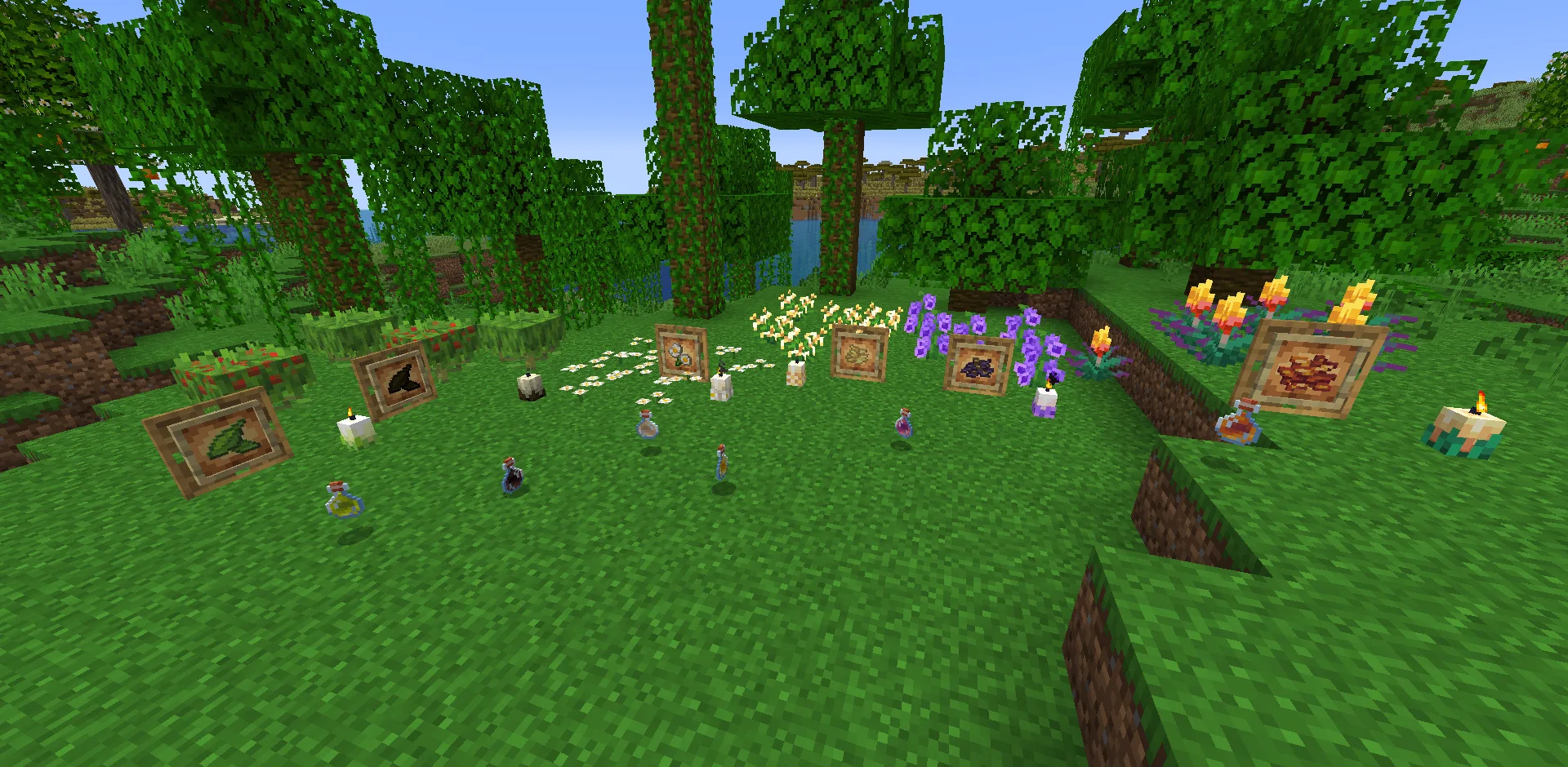 Чайные кусты, цветы ромашки, жимолость, фиалковые колокольчики, факельные цветы и ароматизированные свечи из мода Bountiful Fares.