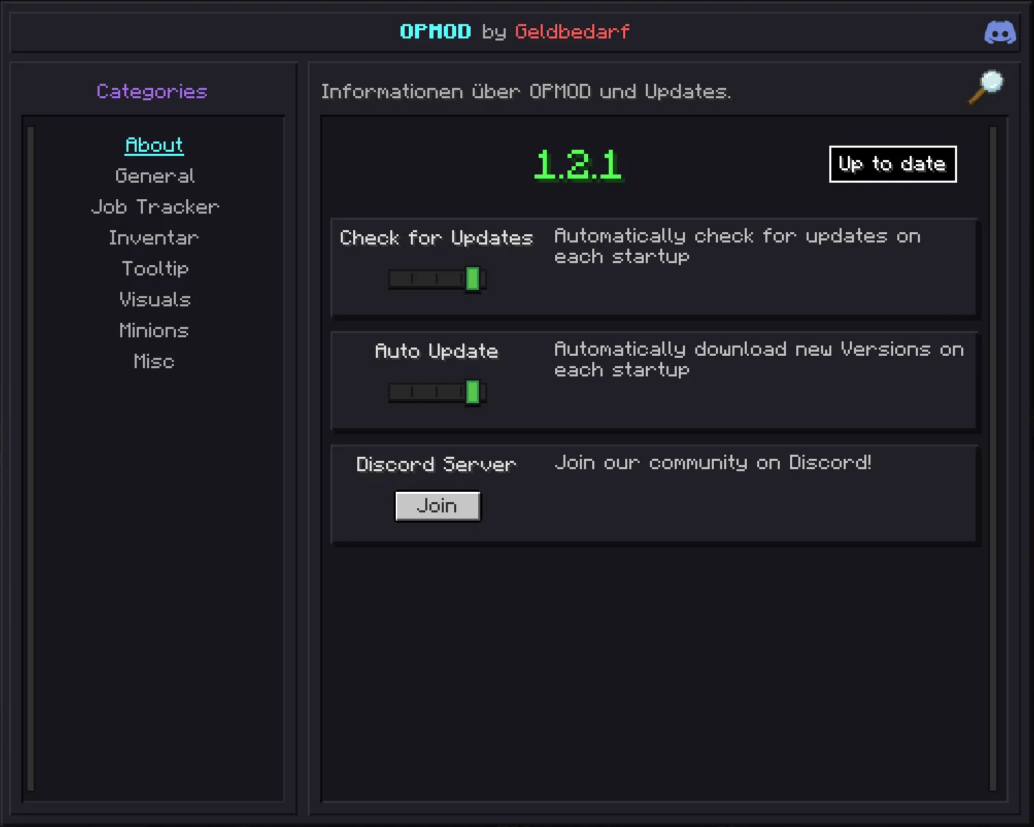 Меню настроек модификации OPMOD