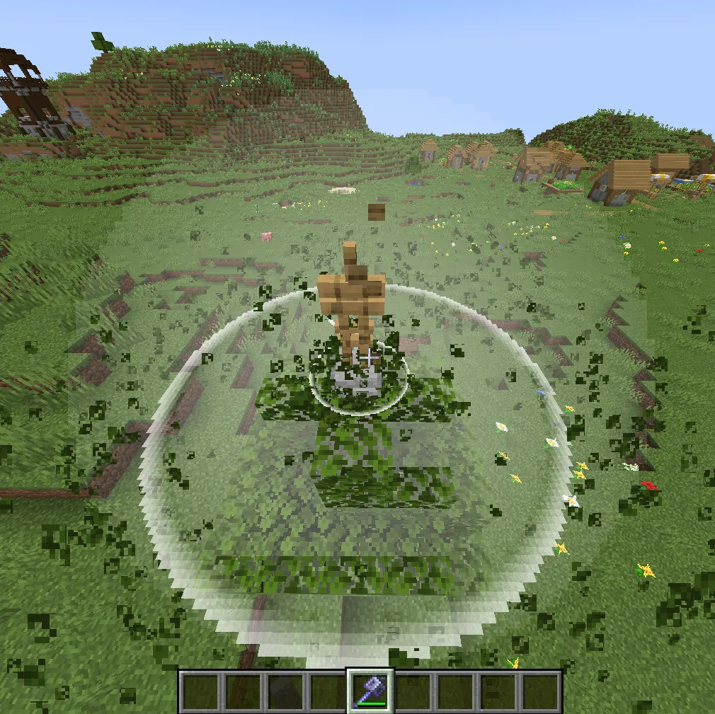 Удар булавой в Minecraft, создающий визуальный эффект ударной волны.