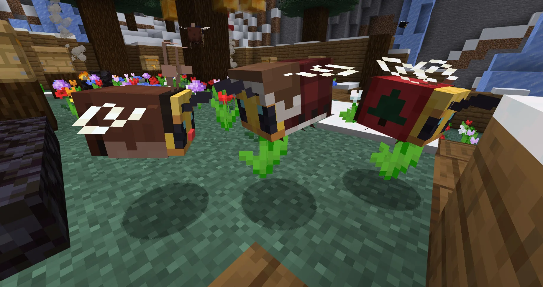 Пчелы в костюмах оленей, в клетчатых шарфах и с новогодними елками.