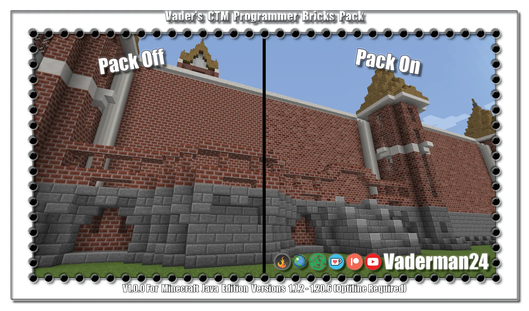 Сравнение текстур кирпичей до и после установки ресурс-пака