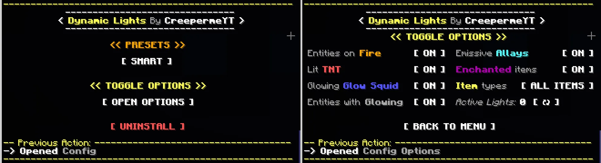 Меню настроек конфигурации мода Dynamic Lights в чате Minecraft.