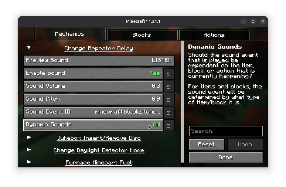 Экран настройки конфигурации мода Sounds.