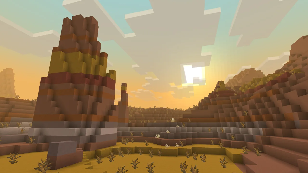 Биом бесплодных земель с измененными визуальными эффектами в Minecraft.