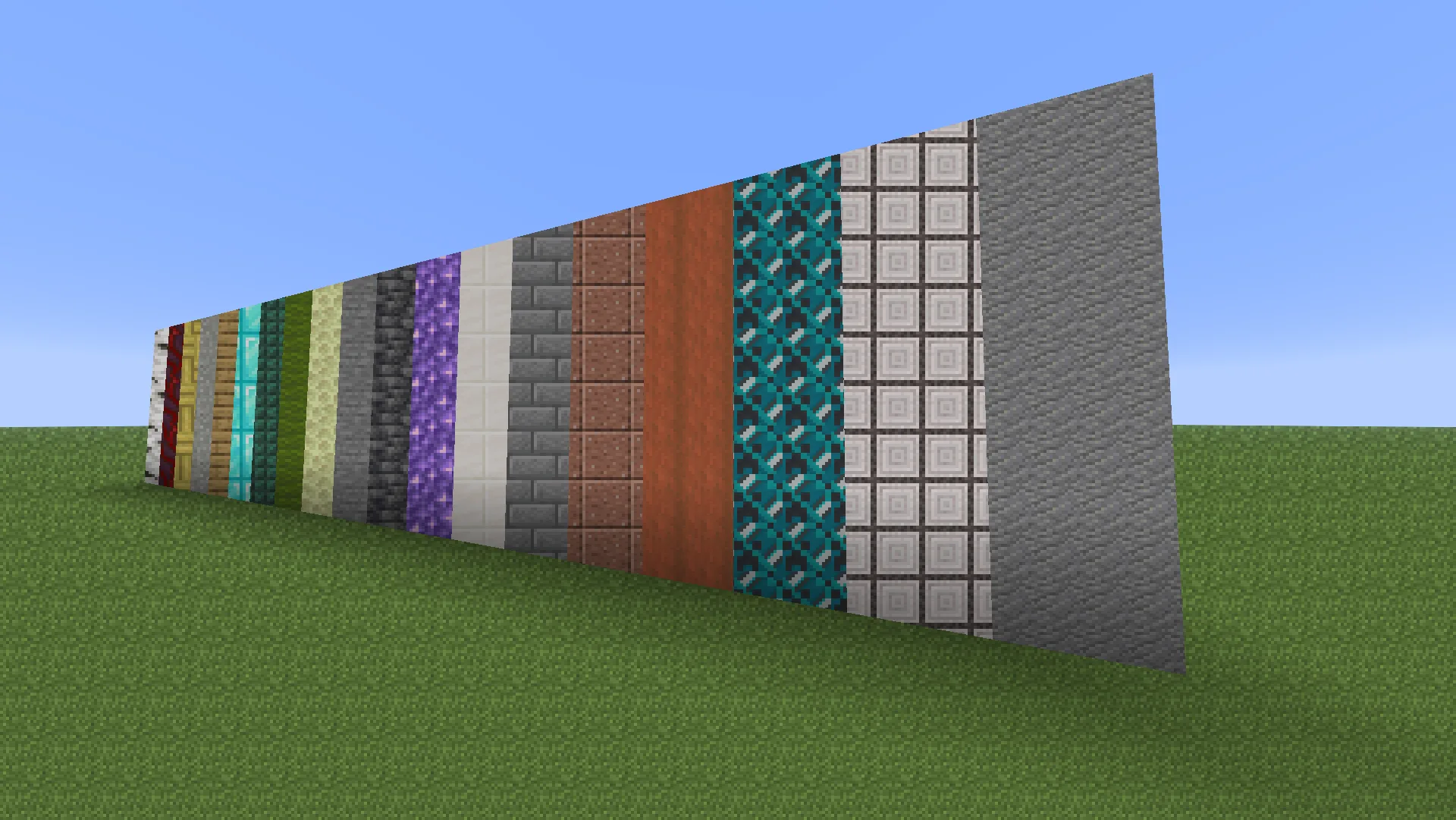 Разнообразные блоки Minecraft, выстроенные в ряд.