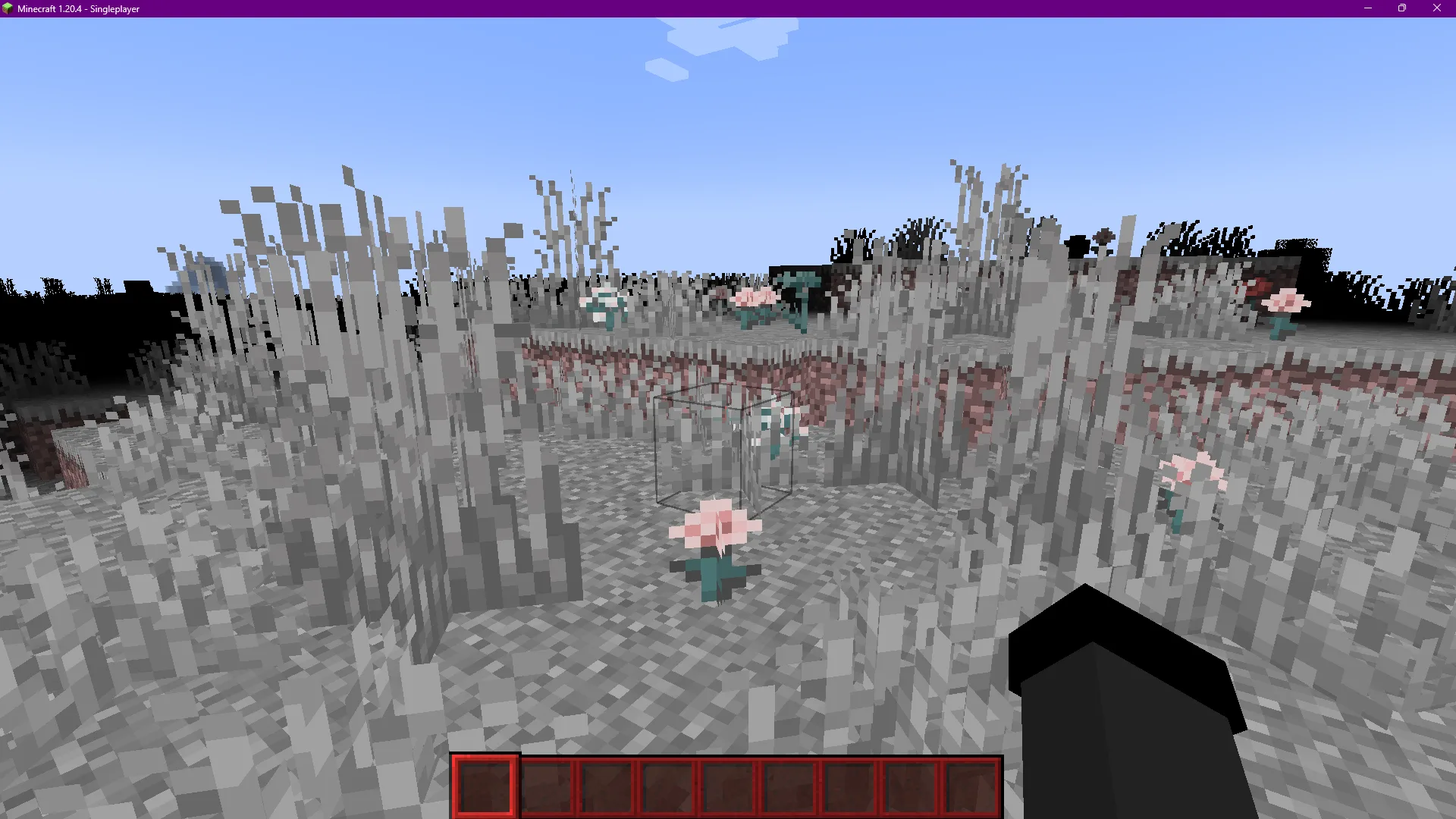 Приглушенные блоки в игре Minecraft с красным интерфейсом.