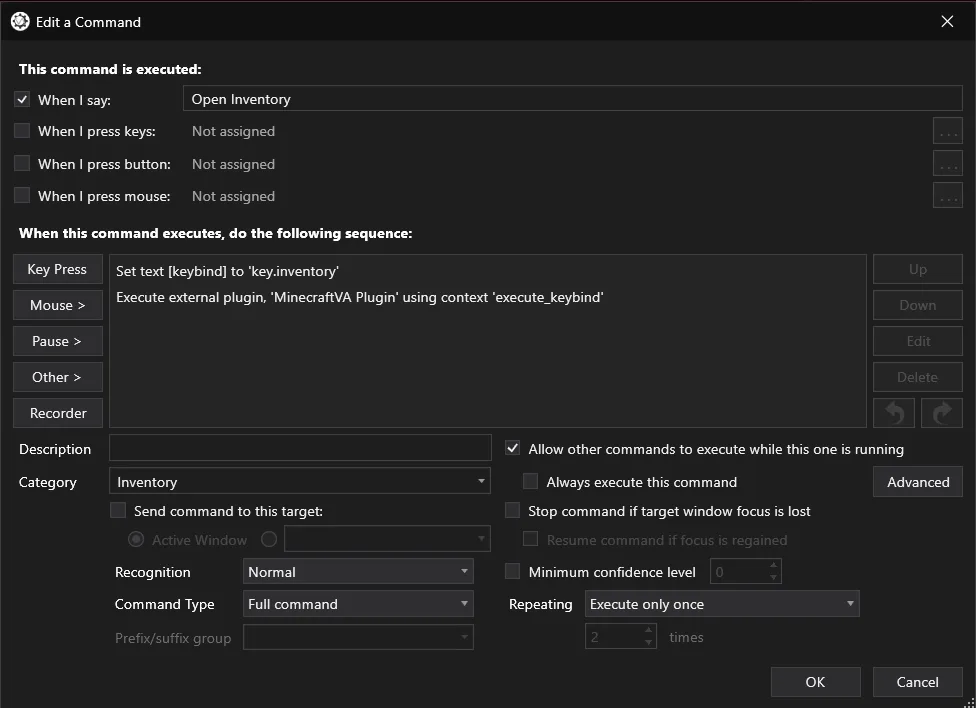 Настройка VoiceAttack для открытия инвентаря в Minecraft.