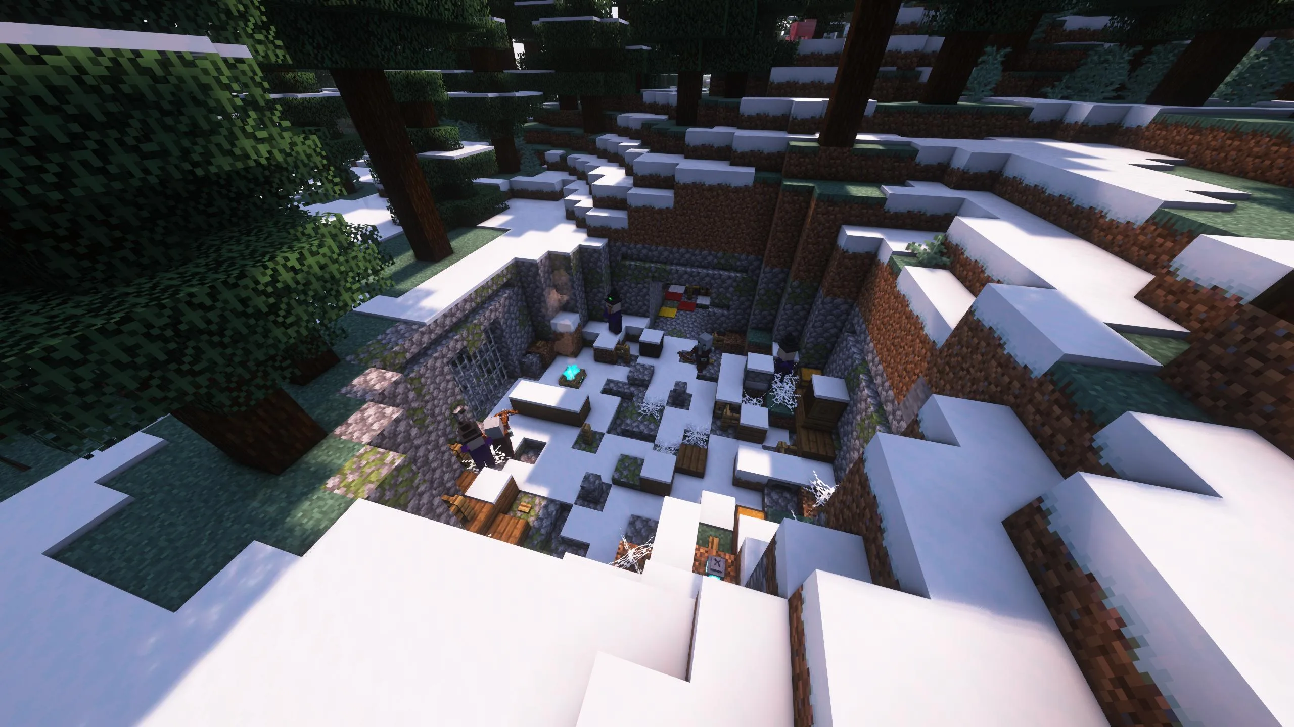 Руины в заснеженной тайге в стиле захоронений викингов из булыжника.