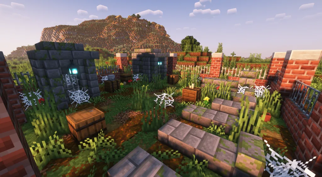 Кладбище из мода Structory с надгробиями и склепами.