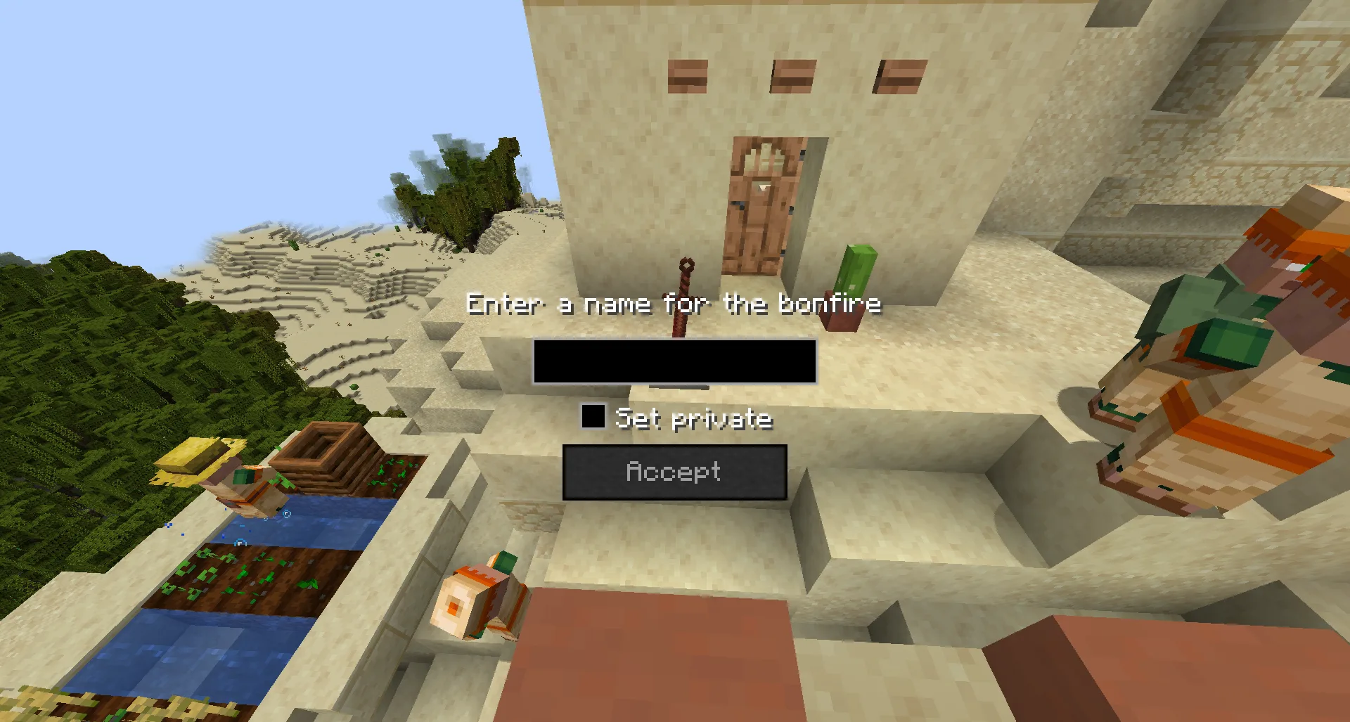 Игрок строит костер из дерева в Minecraft.