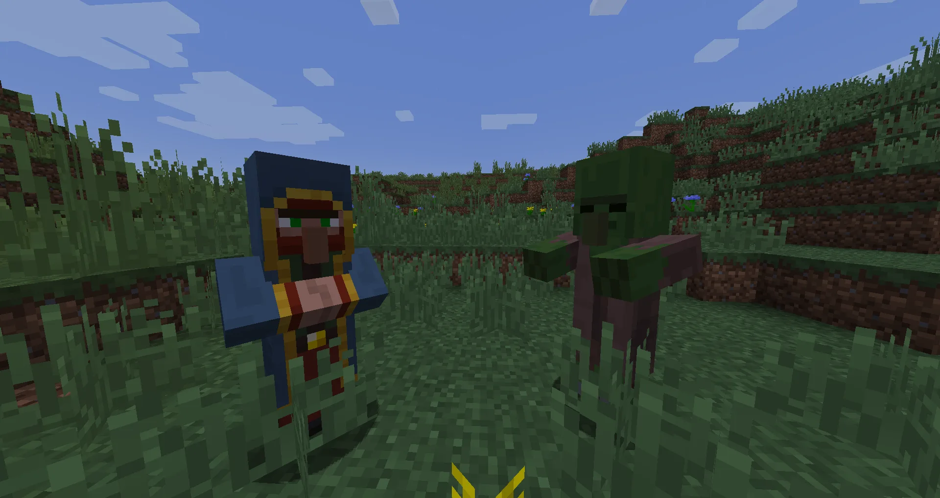 Странствующий торговец и зомби-житель в Minecraft.