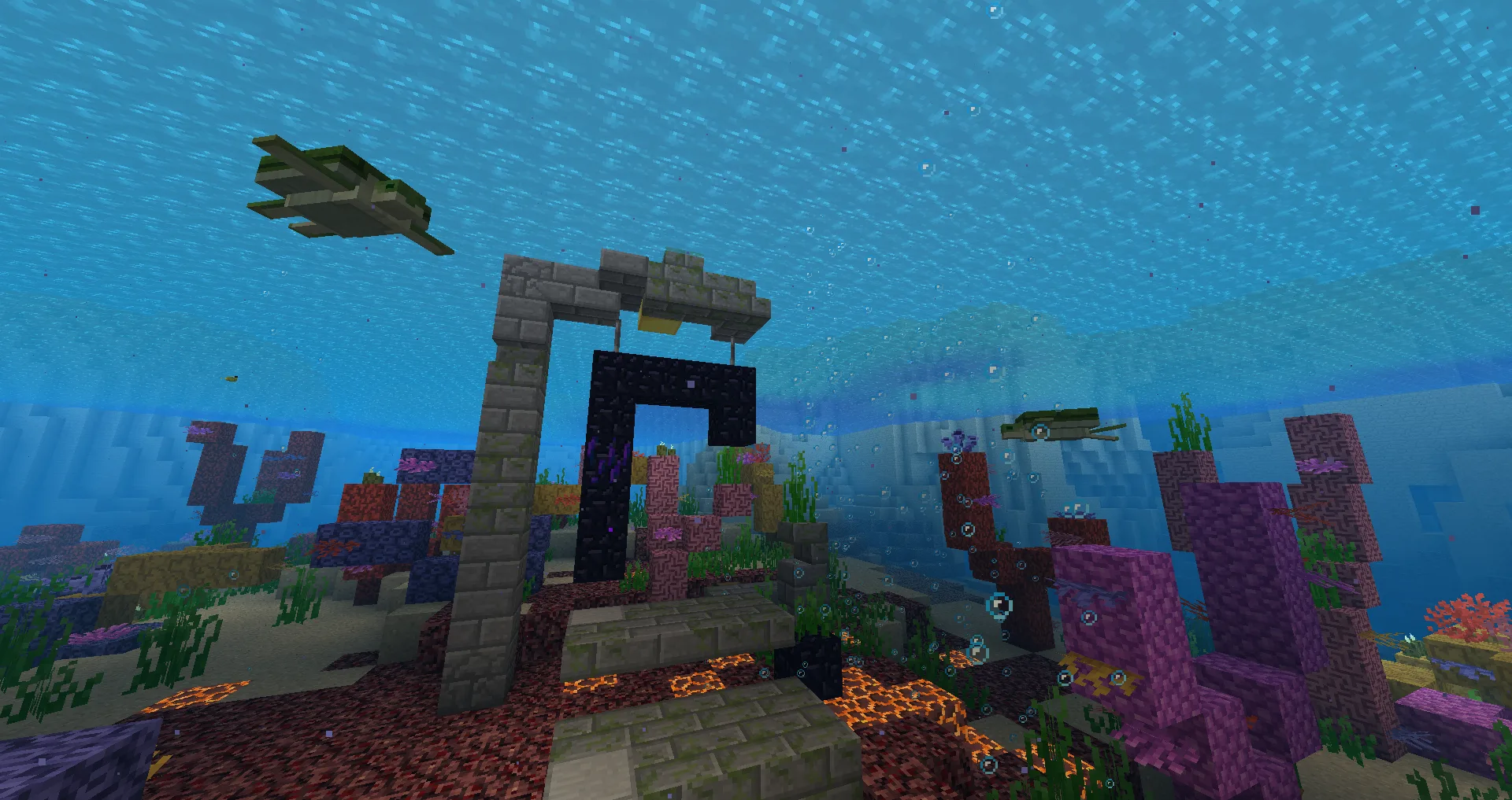 Черепахи и разрушенный портал в коралловом рифе.