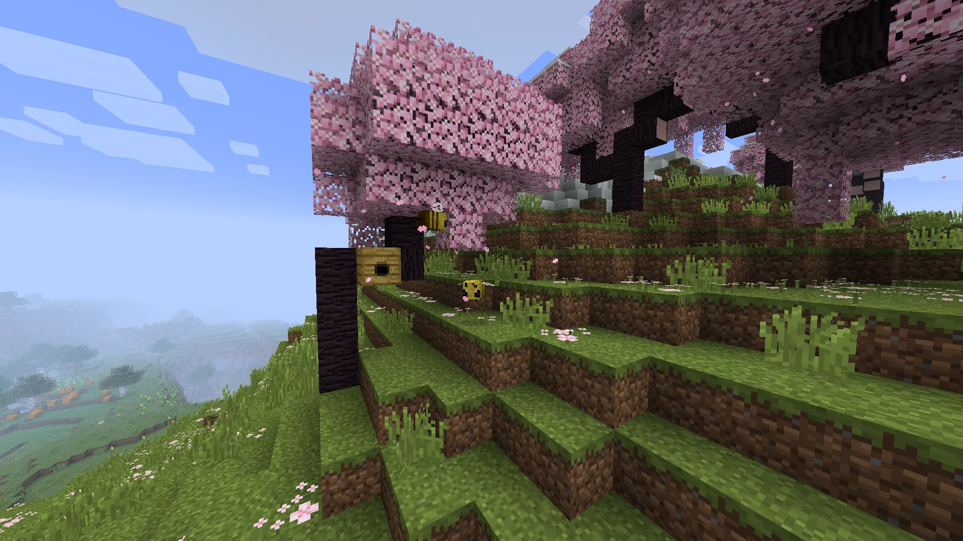 Пчелы в вишневой роще в Minecraft.