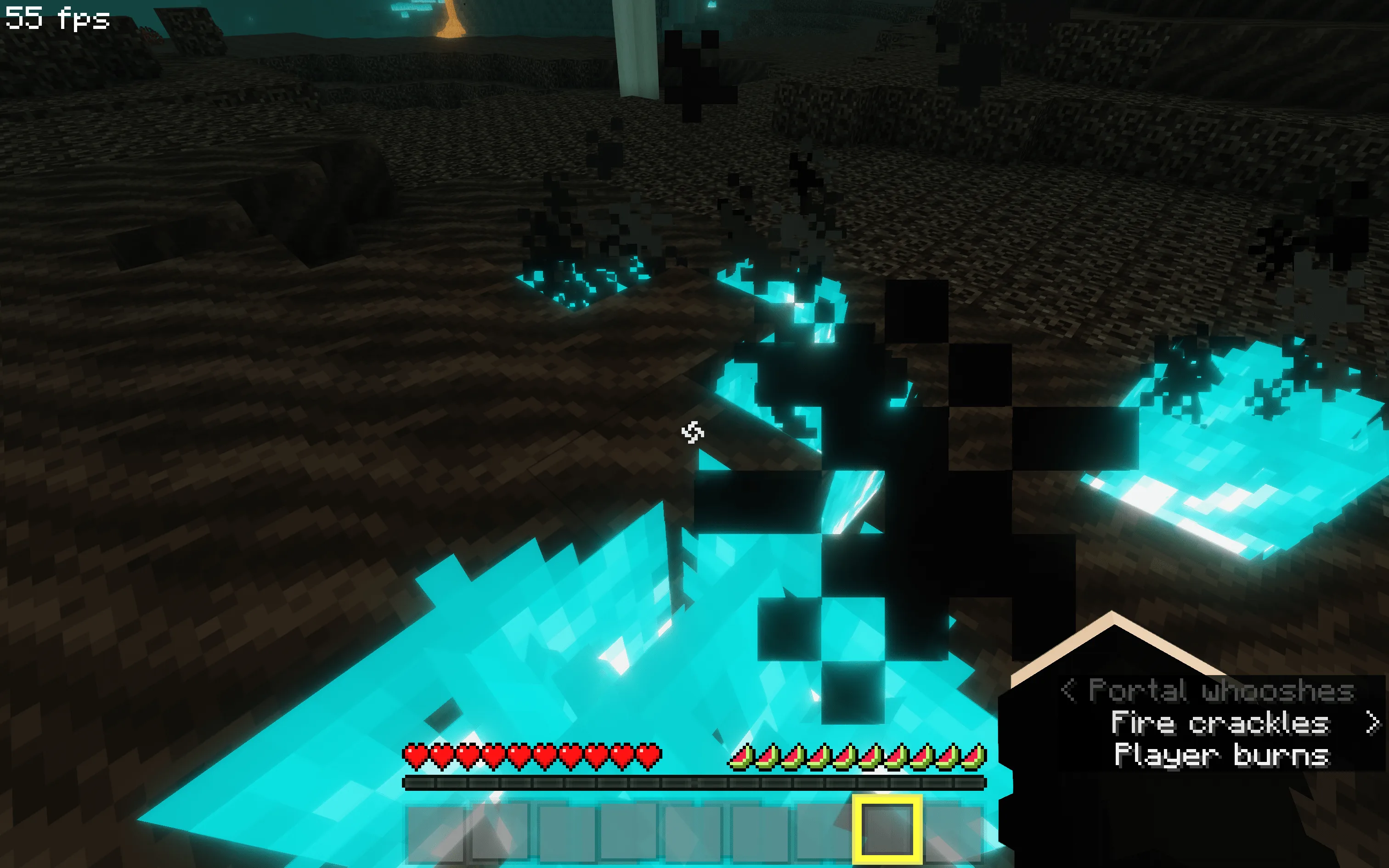 Скриншот Minecraft с включенной функцией скрытия наложения огня в Aaron’s Mod.