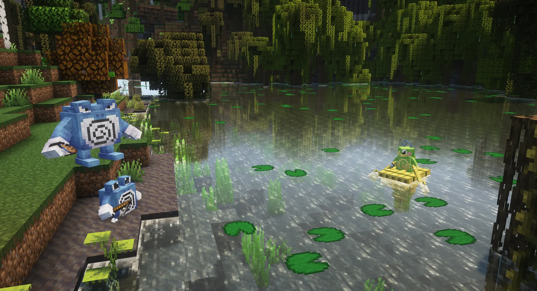 Покемон Поливаг в болотистом биоме Minecraft из мода Cobblemon.
