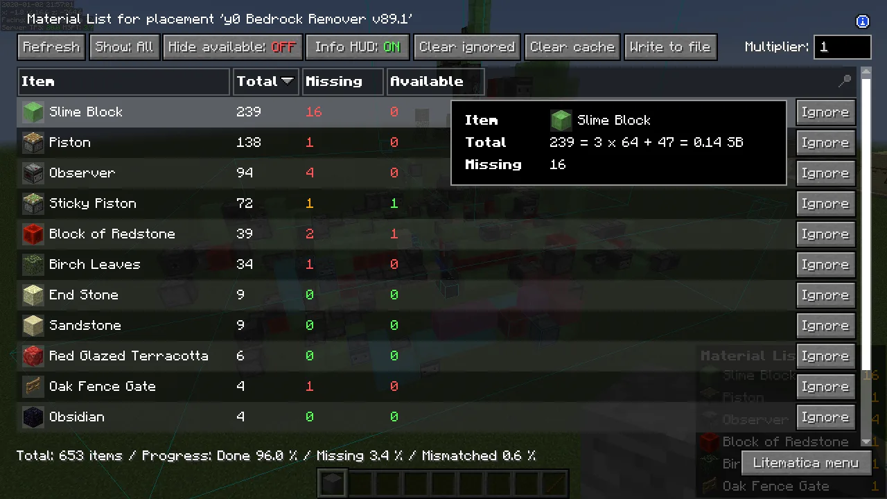 Экран списка необходимых материалов в моде Litematica.