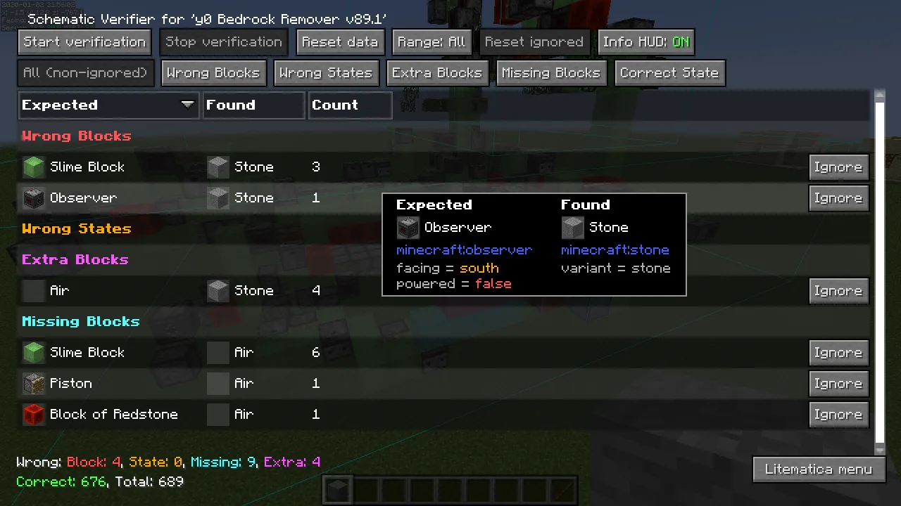 Экран проверки схемы в моде Litematica.