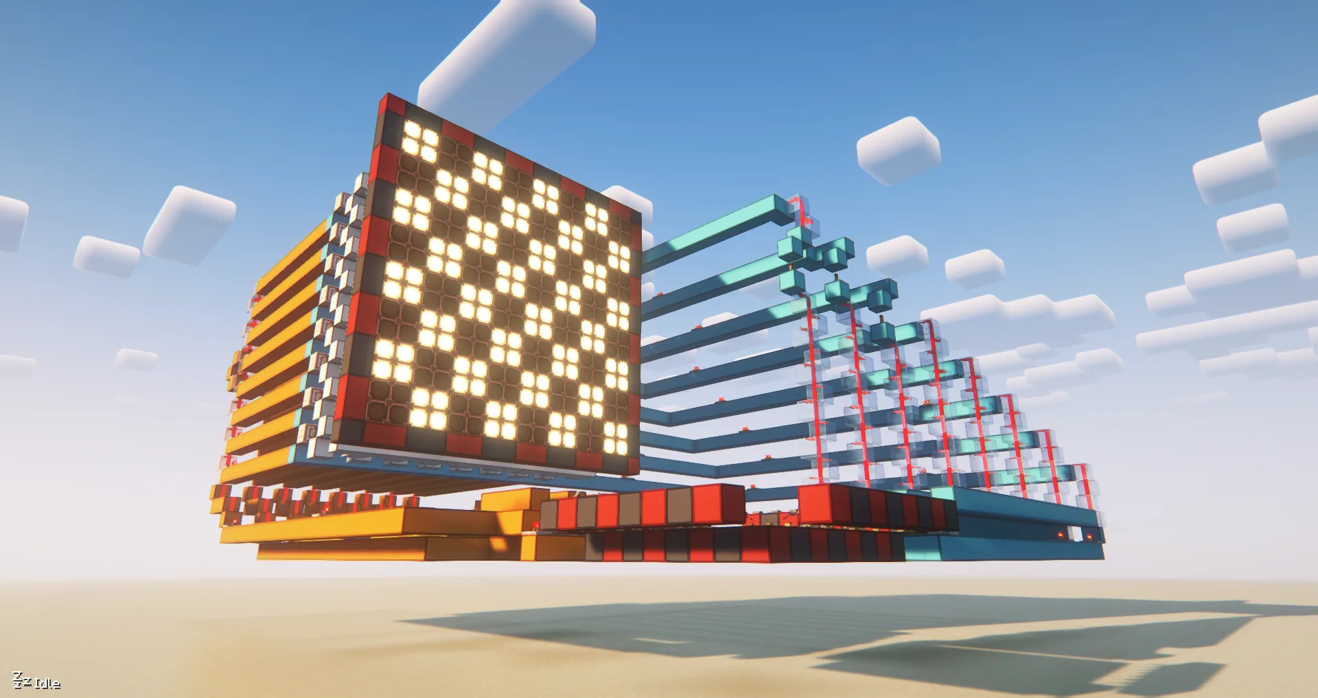 Схема из редстоуна, демонстрирующая текстурпак Clean Wool, медные лампы без крестовин и дополнения Vanilla Tweaks.