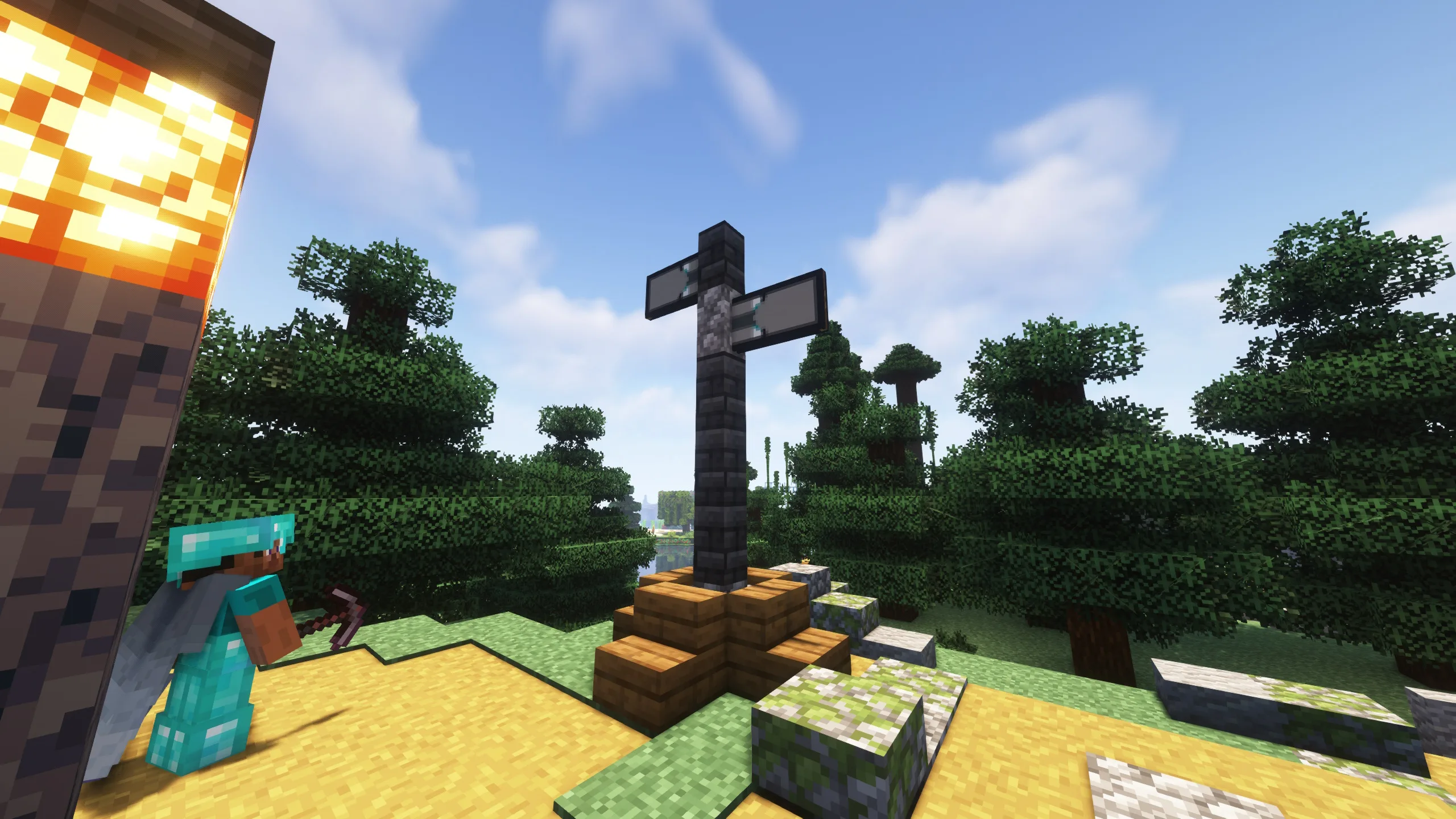 Пример использования декоративных флагов в режиме выживания Minecraft.