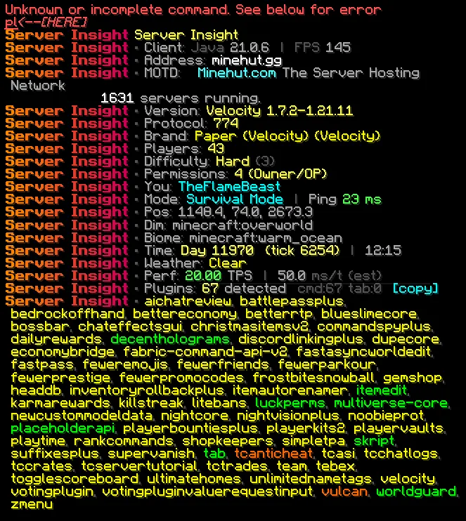 Скриншот интерфейса мода Server Insight для Minecraft.