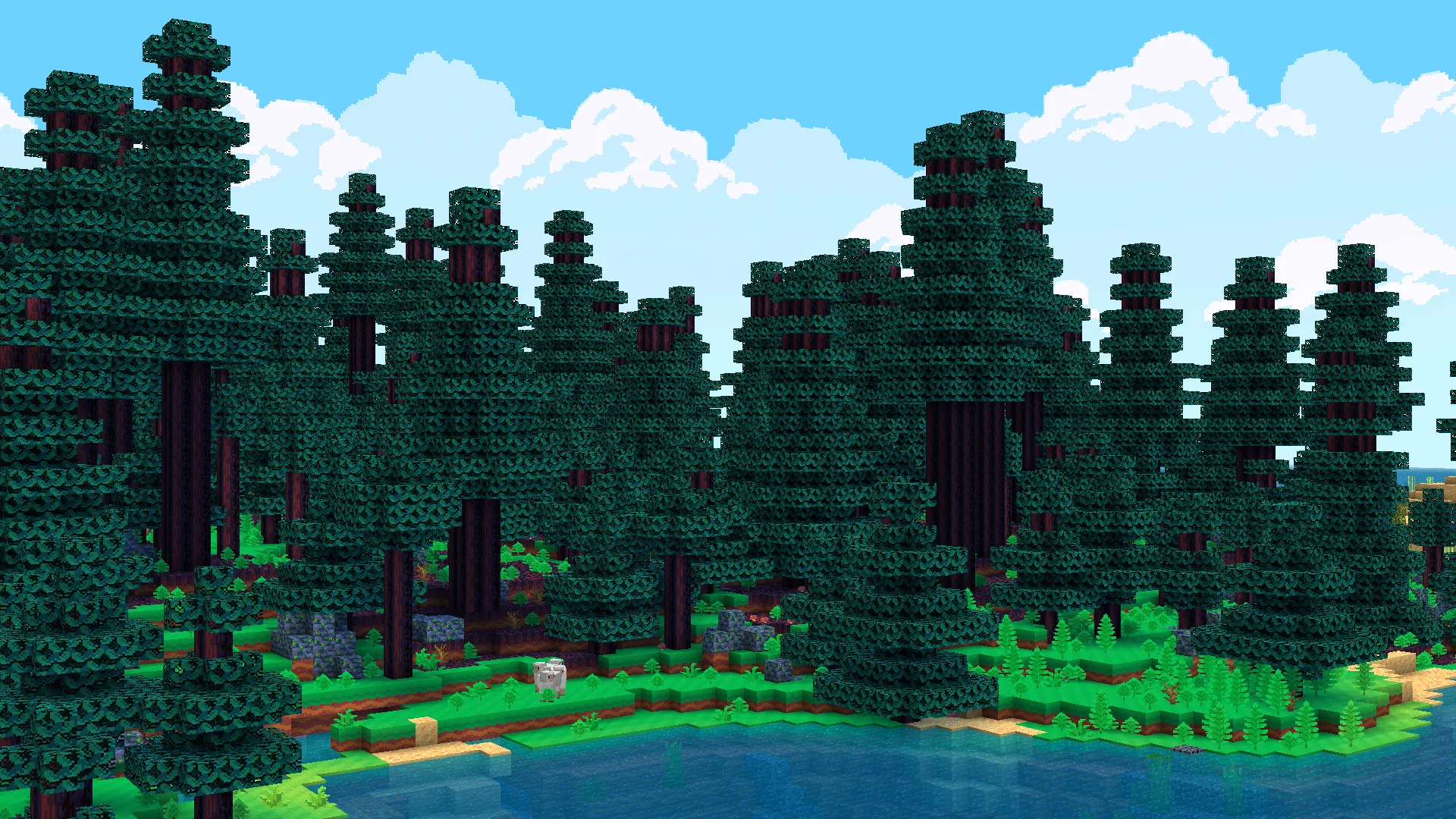 Река, протекающая через тайгу в Minecraft.